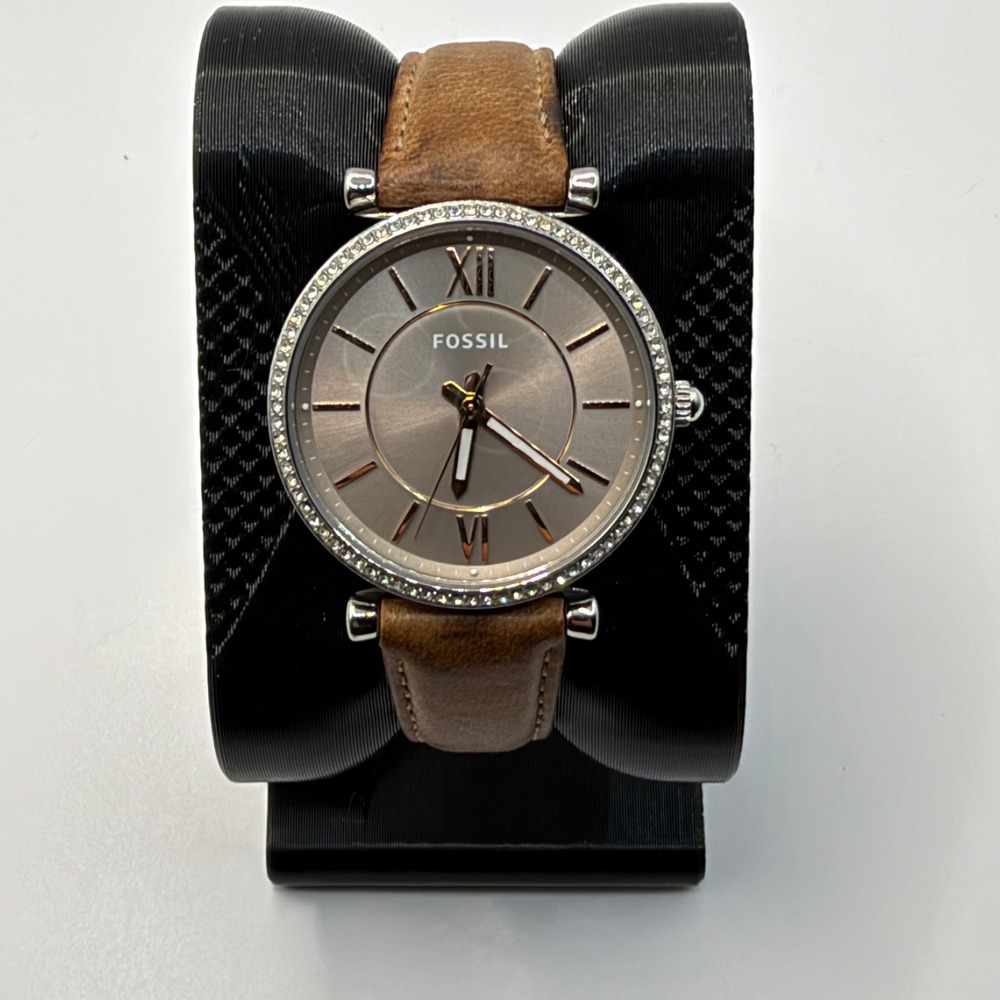 Fossil Carlie Wristwatch Women Brown Crystal Bezel Leather ES4343 Casual